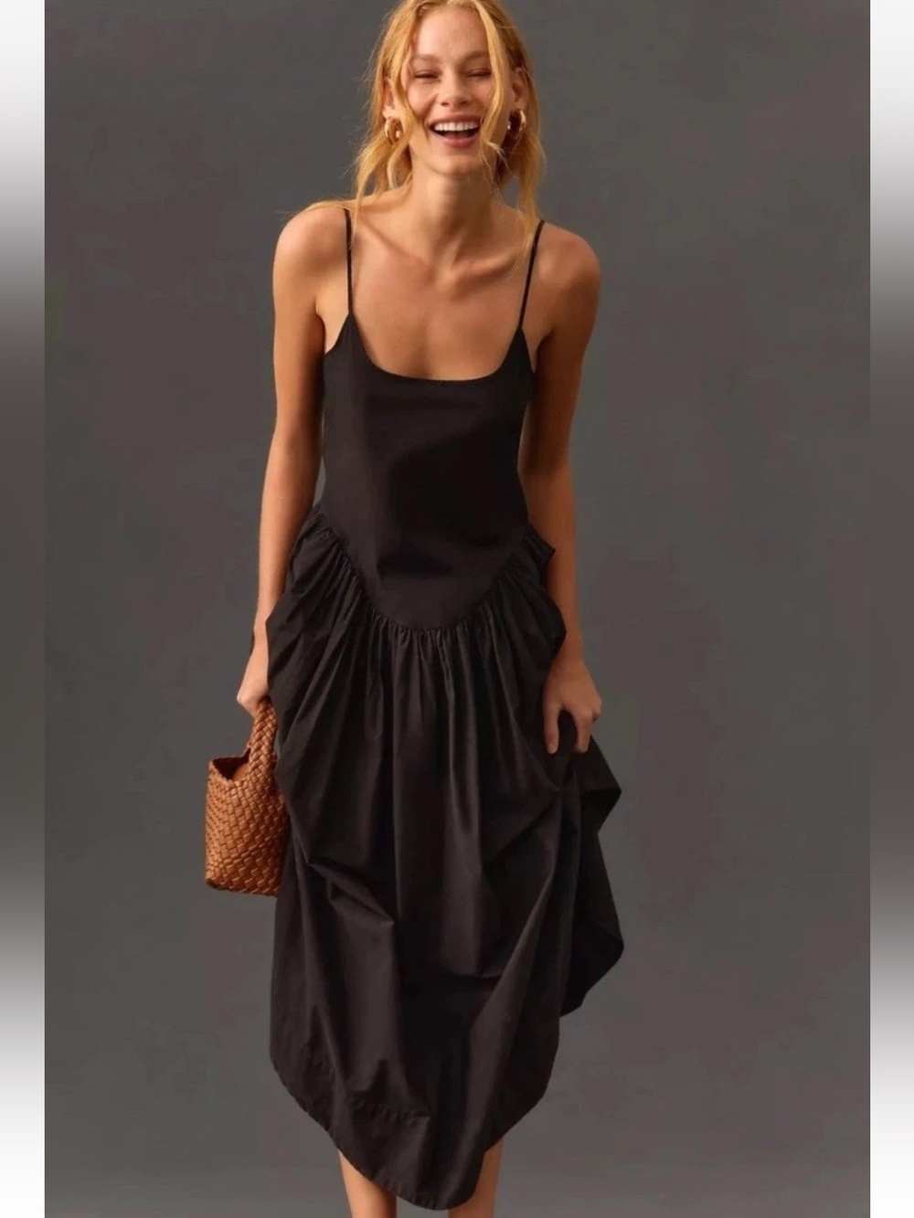 Anthropologie Citizens of Humanity Black Ari Drop Waist Gathered Midi Dress L